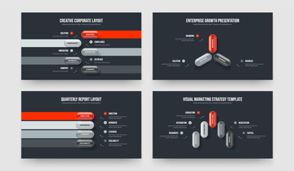 Financial Performance 5 3 4 5 Option Diagram Slide Template Collection. Corporate Insight Five Three Four Five Element Infographic Presentation Layout Vector Illustration Set.