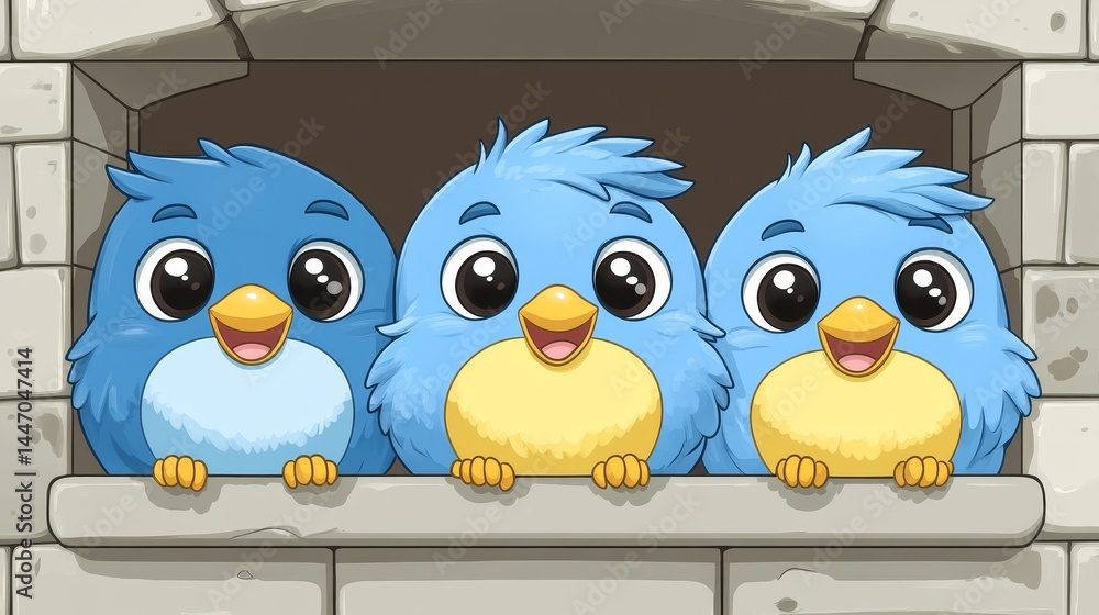 Poster enchanting pixelated avian trio awaiting adventure charming digital art depicting three bluebirds pe