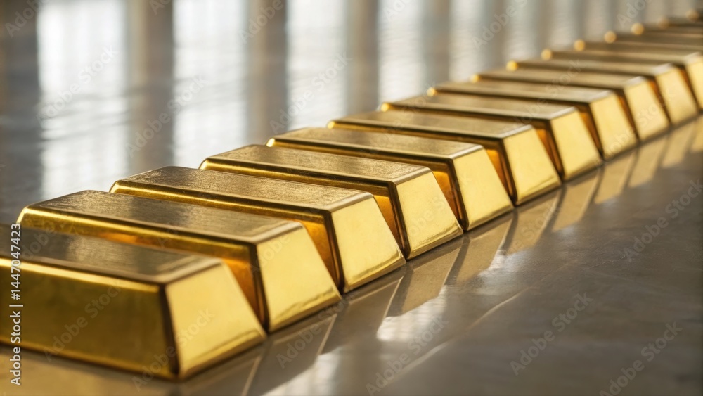 Poster array of shiny gold bars stacked in a straight line on reflective surface showing wealth and investm