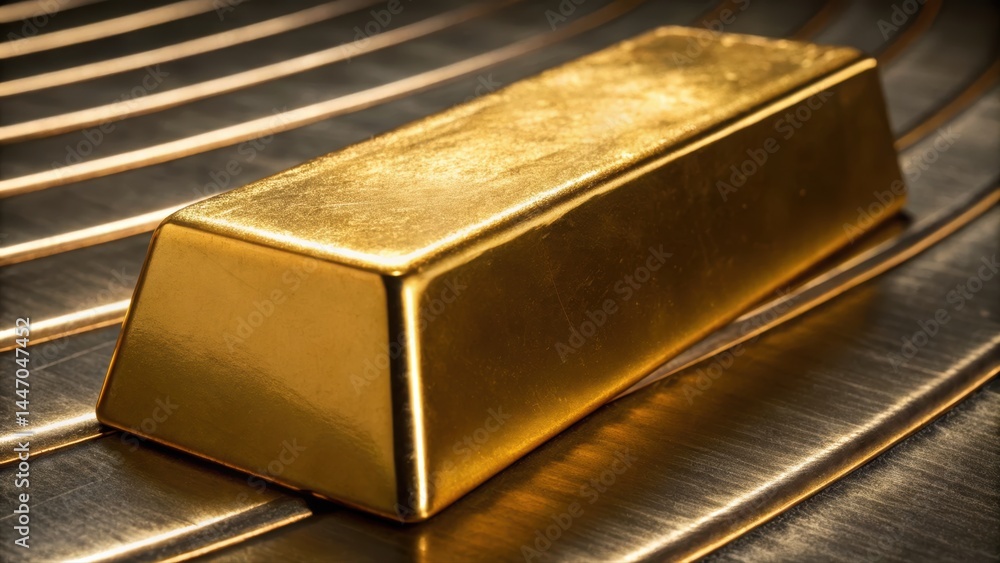 Poster close-up featu a shiny gold bar resting on a metallic surface with reflective strips showing detaile