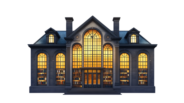 A realistic icon of a European library building with large windows, isolated on Transparent background.