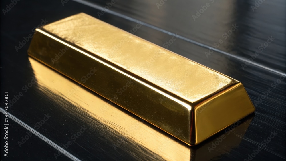 Poster close-up of a shiny gold bar with smooth edges and reflective surface placed on a dark wooden backgr