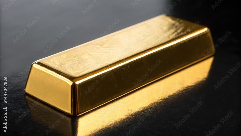 Aufkleber close-up of a shiny gold bar with smooth reflective surface and rectangular shape on dark background