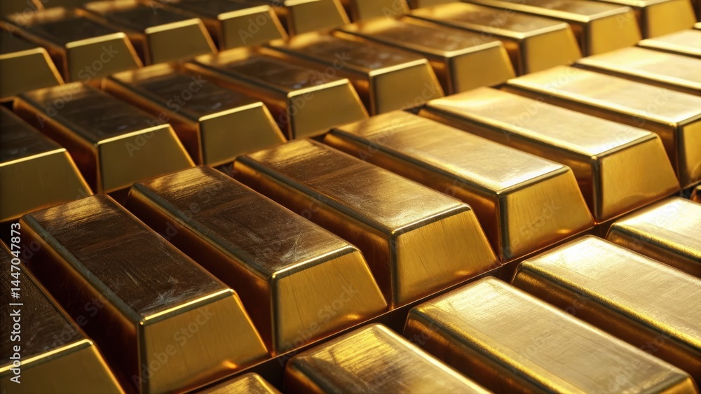 Poster close-up of shiny gold bars stacked in rows emphasizing wealth wealthiness prosperity and financial 