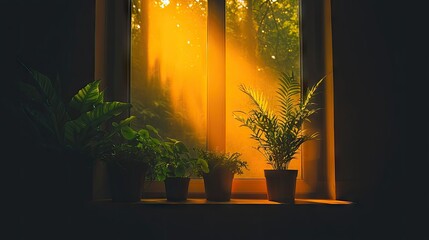 Plants in pots are sitting on a window sill with sunlight