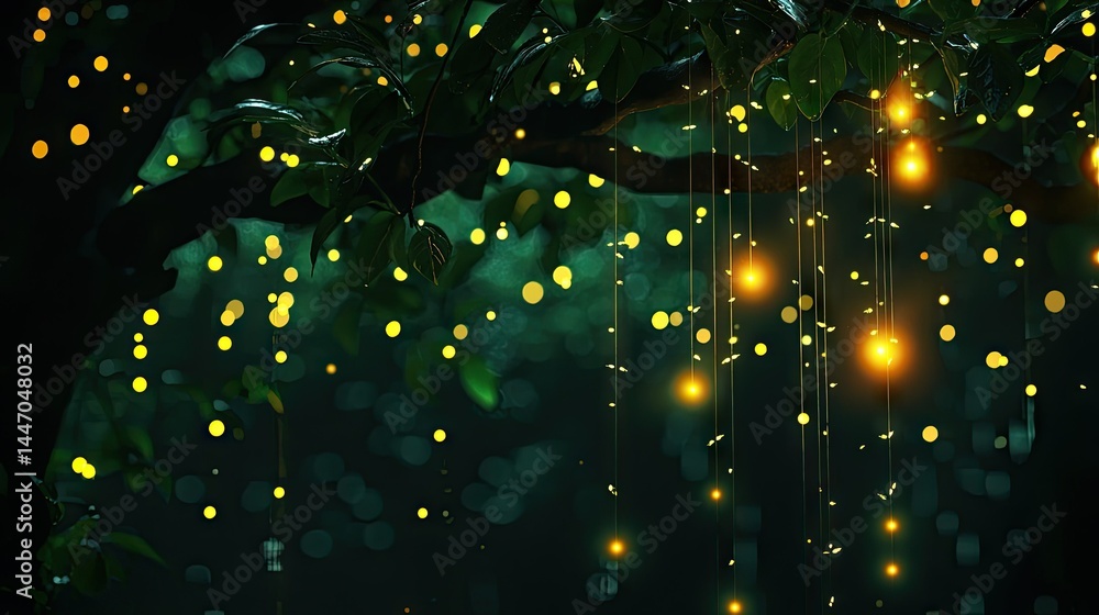 Poster glowing lights cascade beneath a tree branch creating a magical effect