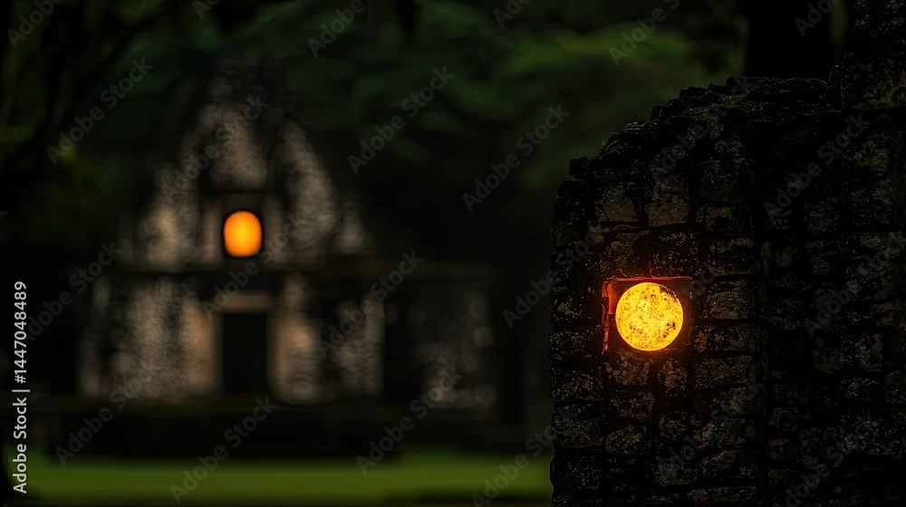Poster a stone structure with a lit orb in a dark location
