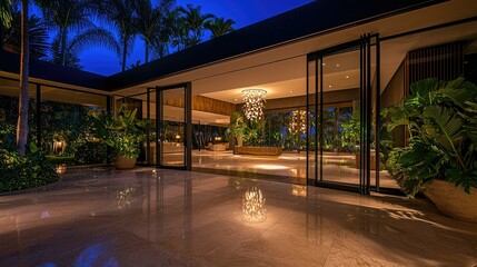 Fototapeta premium An open modern entryway with stunning lighting and tropical plants