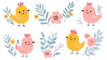 Delightful springtime chicks amidst blossoming florals in a whimsical arrangement showcasing pastel colors and playful pixelated charm for unique designs