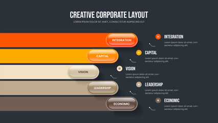 Professional Showcase 5 Step Diagram Slideshow Design. Investor Solution Frame Layout Vector Illustration. Consulting Innovation Five Option Infographic Presentation Template.