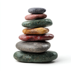 Stack of colorful stones, perfectly balanced on a white background. 