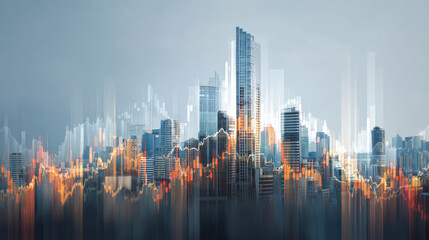 Fototapeta premium Modern cityscape overlaid with financial data, suggesting economic growth and urban development. 
