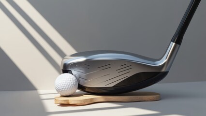 A golf club is shown with a white golf ball on top of a wooden board. Concept of focus and concentration, as the golfer is preparing to take a swing