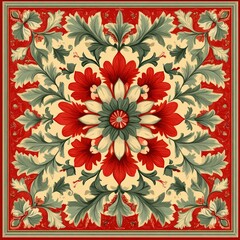 Ornate Floral Pattern with Red and Green Elements on Cream Background