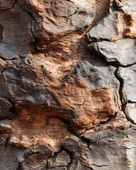Close up of rough tree bark texture showing natural cracks and layers in warm brown and gray tones, capturing detailed surface of wood with organic and earthy feel
