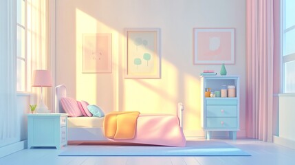 Pastel bedroom with sunlight, bed, and furniture.