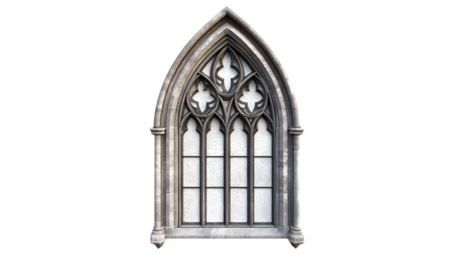 A realistic rendering of a Gothic pointed arched window with intricate tracery, isolated on Transparent background.