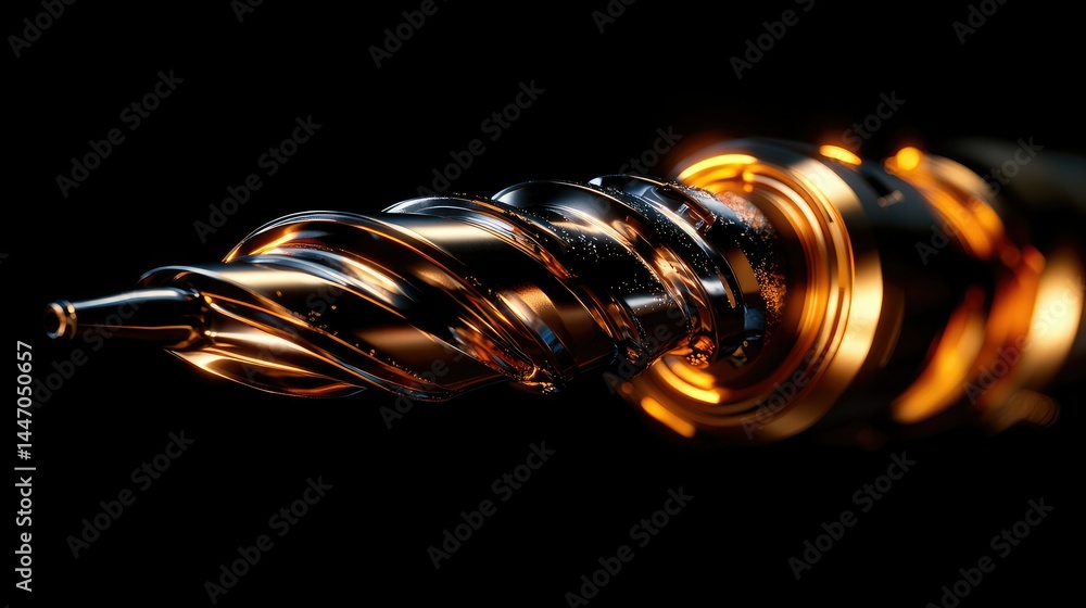 Poster an abstract golden and metallic spiral object against a dark backdrop