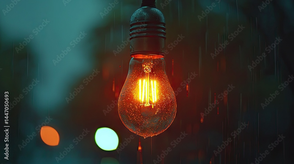 Poster a glowing light bulb illuminated in the rain with bokeh background