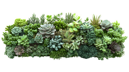 A realistic rendering of a contemporary Green Wall module with assorted succulents, isolated on Transparent background.