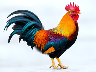 Fototapeta premium A colorful farm rooster, a domestic fowl with red comb and brown feathers, isolated on white