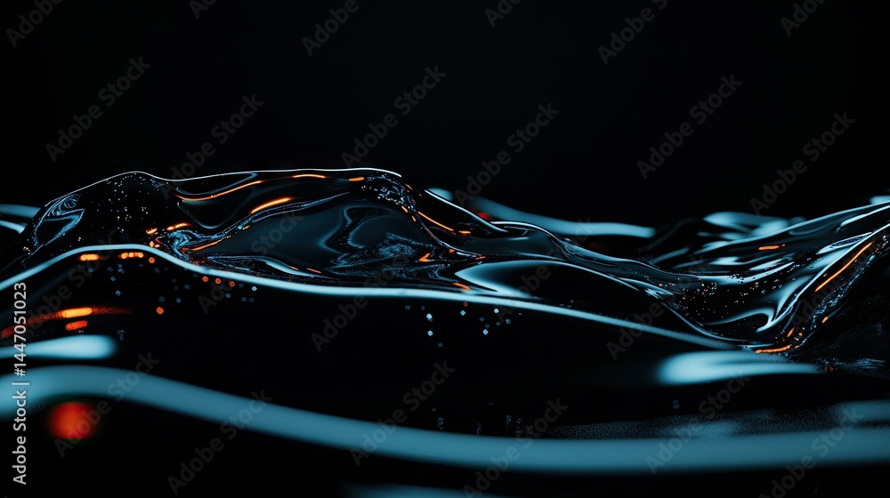 Poster liquid flowing with reflective surface and dark background features