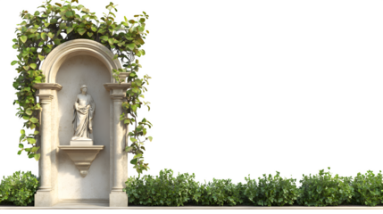A realistic rendering of an Italian Renaissance garden wall niche with a statue, isolated on Transparent background.
