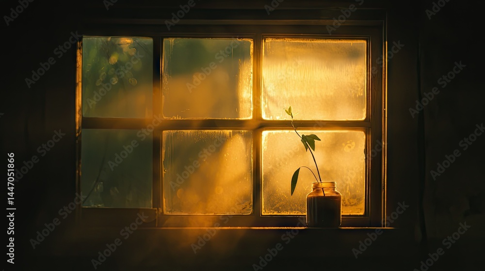 Poster a small plant in a jar sits inside a window frame