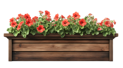 A realistic rendering of an Alpine wooden window box filled with geraniums, isolated on Transparent background.