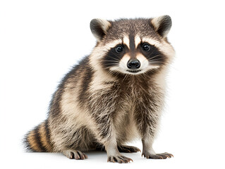 Fototapeta premium A fluffy brown and white mammal, resembling a raccoon or red panda, with striking fur is isolated on a white background, looking directly at the viewer