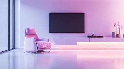 Modern living room with pink armchair, TV, and neon lights.