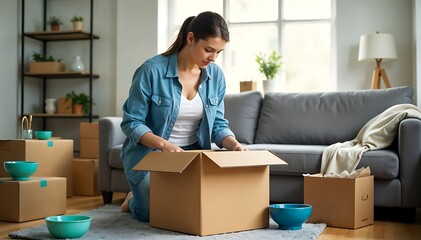 Woman Packing Belongings into Cardboard Boxes for Moving or Storage