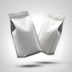 Minimalist image of two blank white packaging pouches floating against a light gray background. The clean and simple design, which can be used for various products such as coffee, tea, or  snacks.