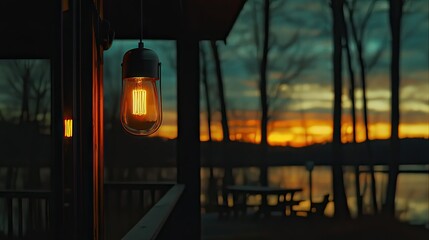 A solitary illuminated bulb hangs with a scenic sunset background