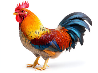 Fototapeta premium A colorful red and brown rooster, a domestic fowl, stands isolated on a white background
