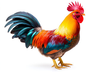 Fototapeta premium A colorful red and brown rooster, a domestic fowl, stands isolated on a white background