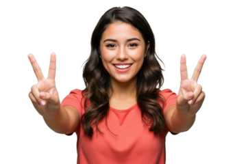 portrait young happy confident woman giving peace victory, two sign gesture, isolated white background. Positive emotion facial expression feelings symbols, attitude