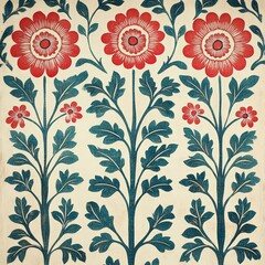 Colorful Floral Pattern Design with Red Flowers and Green Leaves