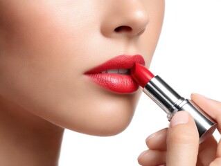 Applying bright red lipstick closeup view isolated on white background