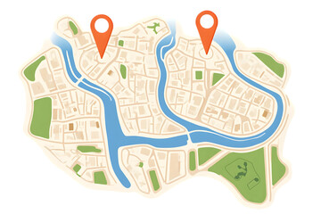 Illustration City Map With Orange Pins Isolated Background