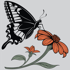 A butterfly resting on a flower image silhouette design vector art and illustration