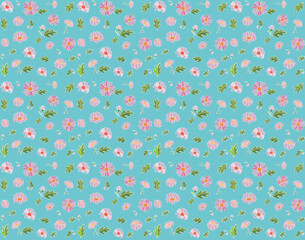 Repeating abstract drawing pink flower and leaf on blue background.