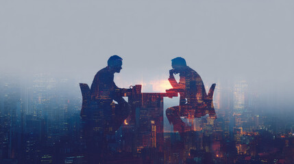 Fototapeta premium Two figures seated at a table, city lights superimposed. A meeting or discussion in a modern urban setting