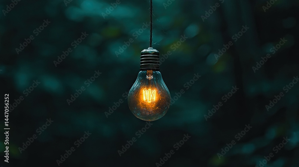 Poster an illuminated lightbulb suspended from a dark wire in a background