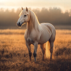 Majestic horse standing or grazing in a wide open field with tall grass and natural sunlight, surrounded by countryside scenery, symbolizing freedom, strength, and serene rural life