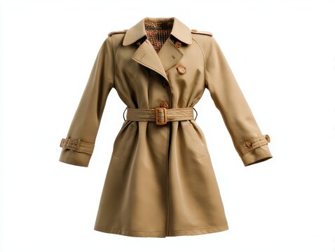Tan trench coat with belt on white space isolated on white background