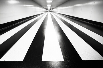 A black and white striped tunnel with a reflective floor and vanishing point perspective.