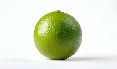 A lime resting on a white background, emphasizing its glossy skin and rich green color.