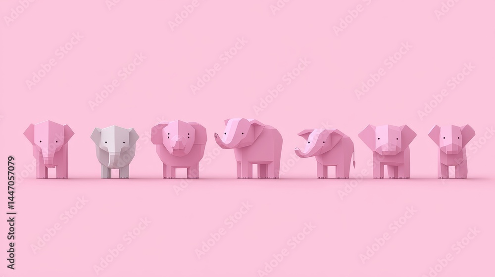 Poster geometric elephant figures in various shades of pink and light gray create a whimsical and modern ar