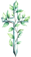 Illustration Light Teal Cross with Green Leaves, Isolated Background